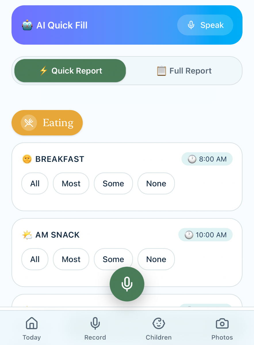 Static screenshot of the EverNest prototype Quick Report screen with a microphone button and quick-tap meal options